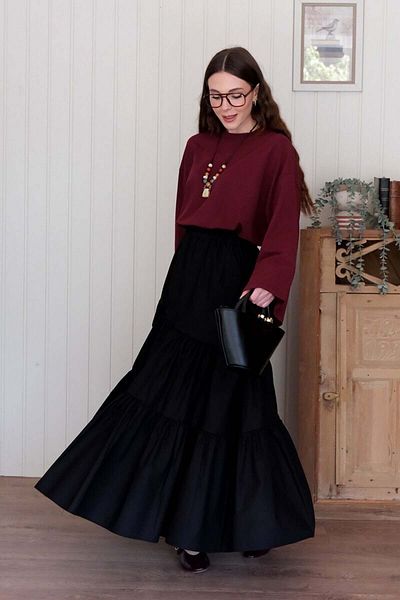 Ceylan Otantik Burgundy Body & Black Cross Fold Skirt Suit