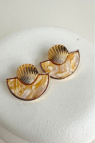 Modex Metal Seashell Detail Pearlescent Half Moon Earrings (2cm)