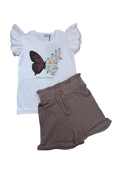 Kamex Butterfly Printed Ribbed Shorts Girl's Suit