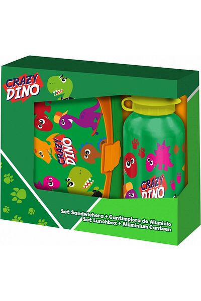 Disney Set of plastic sandwich box, BPA-free, and aluminum water bottle, 400 ml, multicolor, Crazy Dino