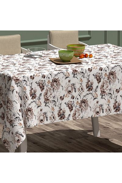 Pucioasa Teflon-coated cotton tablecloth, round, diameter 160cm, beige floral pattern