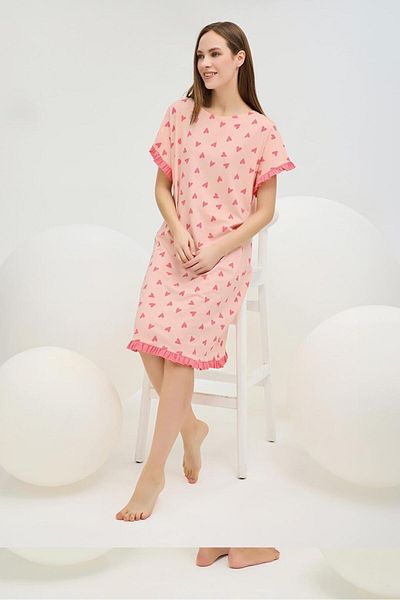 Sevim 16397 Pink Heart Ruffle Half Sleeve Tunic Nightgown