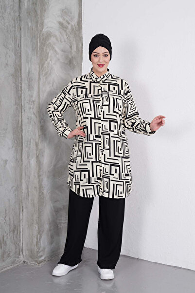 Polologin Butik Set tunică cu dungi labirintice negre și pantaloni negri