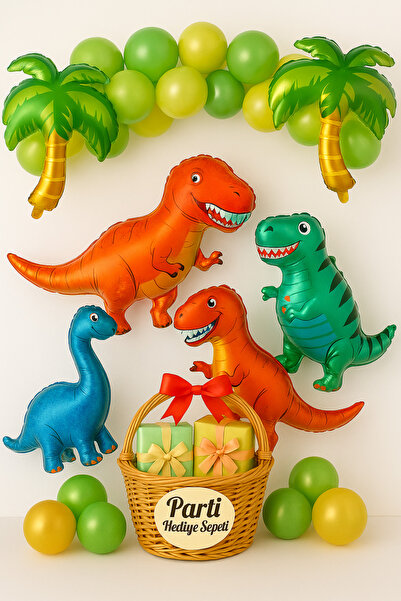 parti hediye sepeti 3’lü Dinozor Folyo & Tropikal Palmiye Balon Süsleme Seti