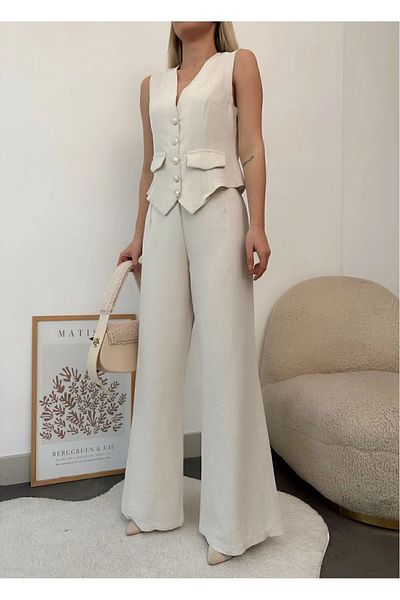 cn novembersun Women's Linen Khaki Vest - Belt Detail Trouser Suit
