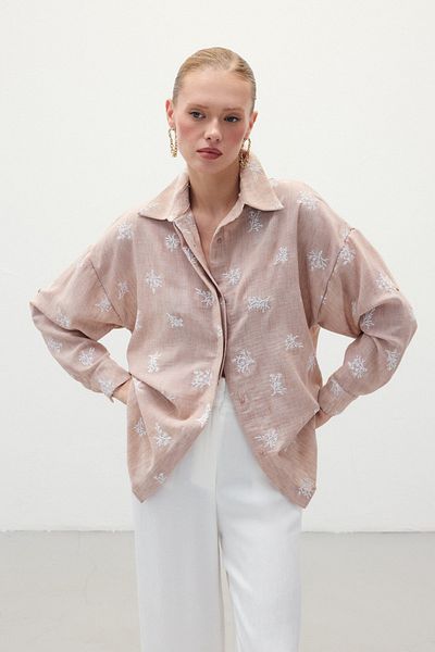 Sateen Cămașă casual brodata - Pudra