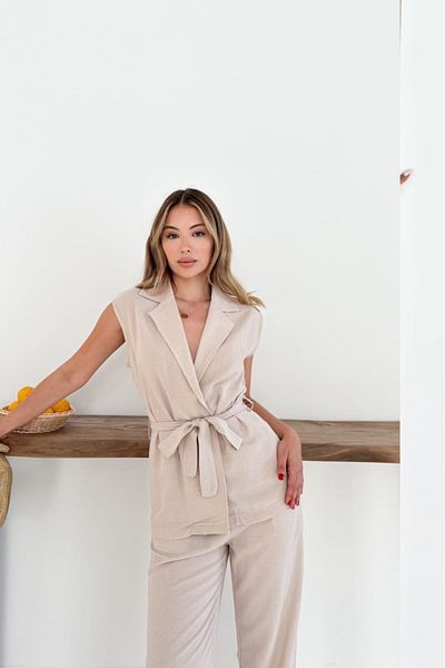 The Robi Linen Fabric Belt Detailed Vest Pant Double Suit