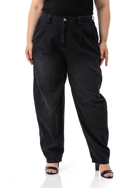 DISENTIS MODEST Plus Size Front Pleated Half Balloon Cut Waist Back Elastic Pocket Denim Black Trousers