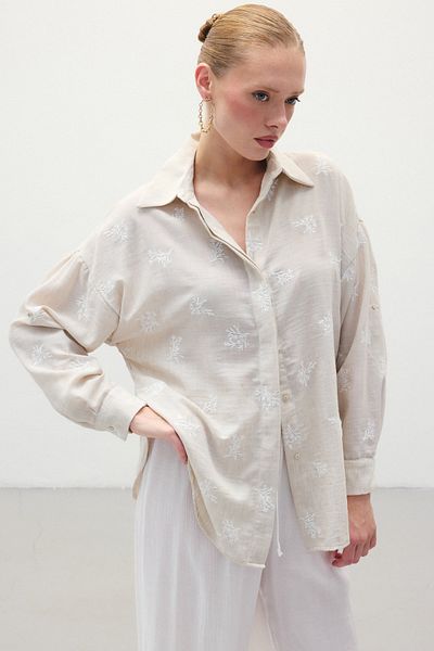 Sateen Cămașă casual brodata - Bej