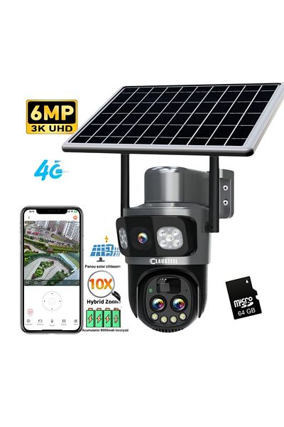 CLAUSTEEL Cameră de supraveghere 3 în 1 cu panou solar, conexiune SIM 4G, 6MP ULTRA HD, 8000 mAh