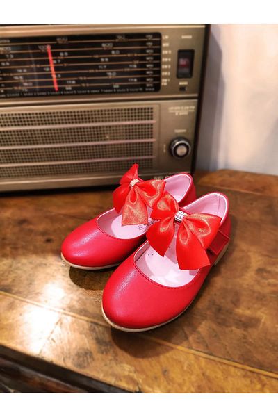 KİNDEP Kindep Sema Bow Tie Detailed Velcro Girls' Ballerina Ballerina Red