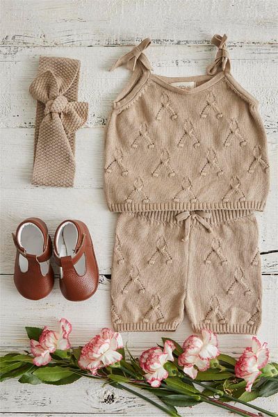 Uludağ Triko Beige Baby Girl Organic Cotton Cherry Double Set
