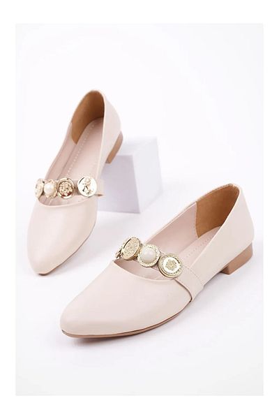 KİNDEP Kindep Pearl Sequin Detailed Casual Women's Ballerinas White