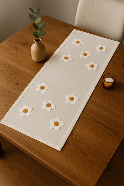 aydev home collection Papatya Desenli Punch Panç Nakışlı Keten Runner Masa Örtüsü 40 x 110 cm