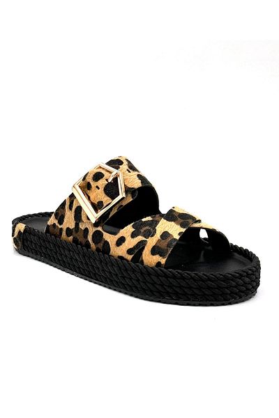 KİNDEP Kindep Buckle Detailed Women's Straw Slippers Leopard