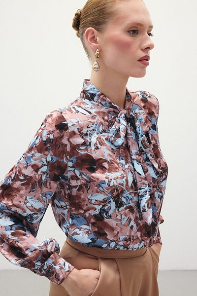 Sateen Patterned Scarf Collar Shirt - Brown