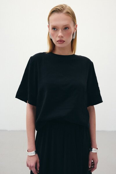 Sateen Kısa Kollu Salaş Bluz - Siyah