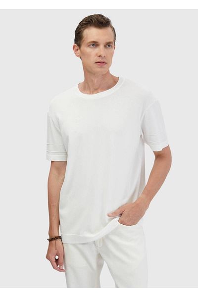 Ramsey Ecru Crew Neck Plain Knit Sweater