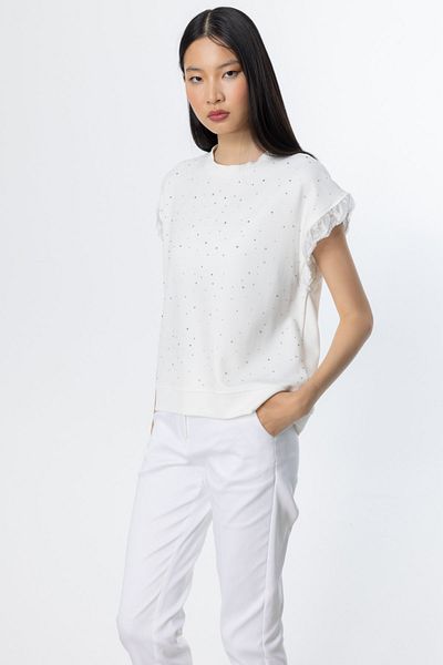 On Fashion Stone Printed Blouse with Ruffles on the Sleeves Ecru-56354