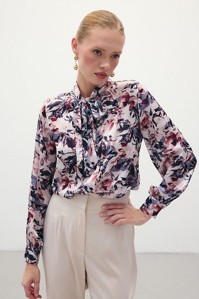 Sateen Cămașă cu guler eșarfă cu model - Roșu Claret