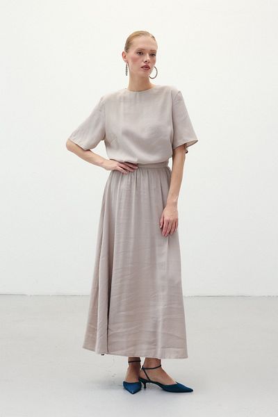 Sateen Slit Long Skirt - Stone