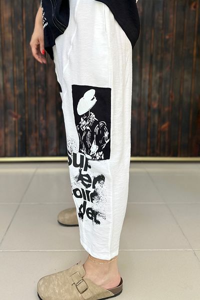 GÖKSEL Cat Linen Written Pants Large Size