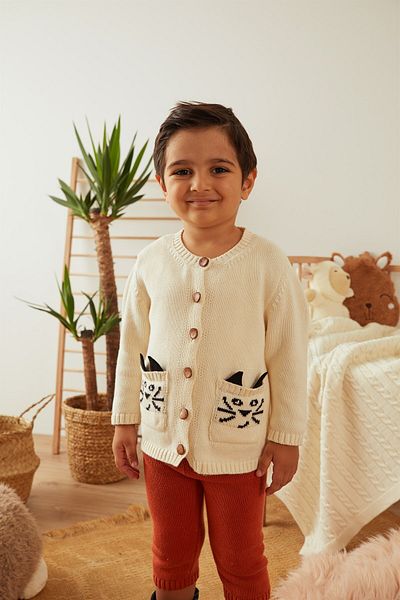 Uludağ Triko Ecru Cat Patterned Organic Cotton Double Set