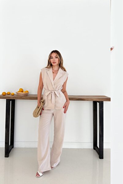 The Robi Linen Fabric Belt Detailed Vest Pant Double Suit