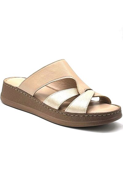 KİNDEP Kindep (Clavi) Genuine Leather Poly Light Sole Comfort Daily Women's Slippers Beige