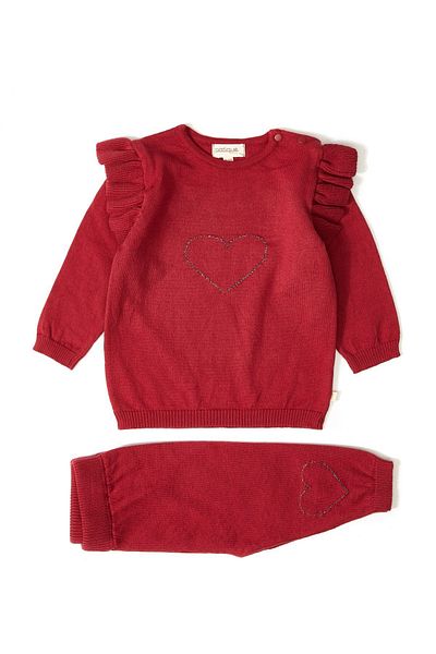 Uludağ Triko Burgundy Organic Cotton Heart Patterned Knitwear Baby Girl Double Set