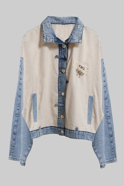 its basic Women's Ink Beige Denim Knitted Fabric Oversize Special Design Denim Jacket
