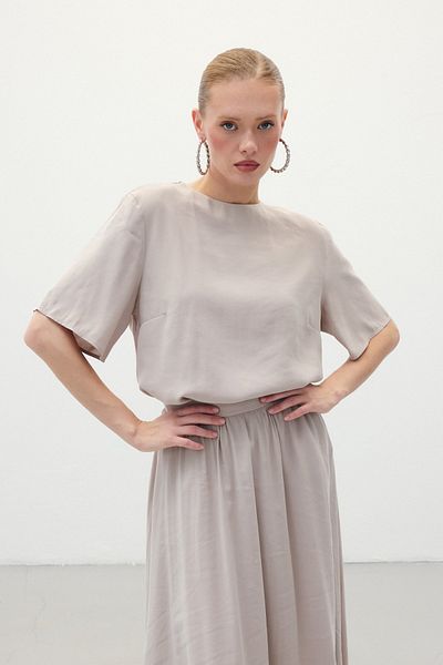 Sateen Short Sleeve Loose Blouse - Stone