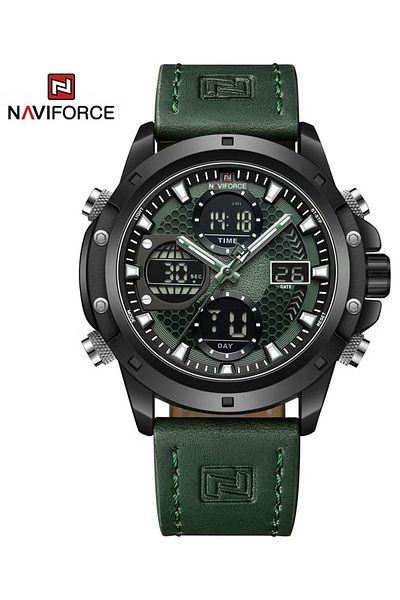 Naviforce Sport Analog-Digital Wrist Watch for Men with Leather Strap Water Resistant Multi-Function Timepiece