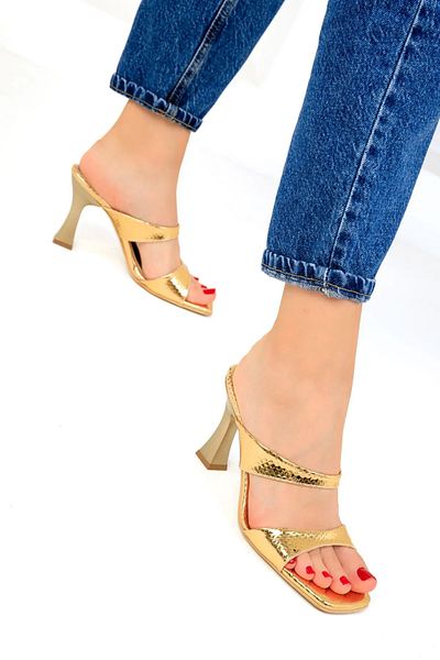 KİNDEP Kindep Limo Two Band Women's Evening Dress Heeled Slippers Gold