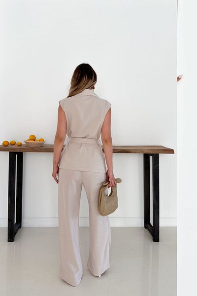 The Robi Linen Fabric Belt Detailed Vest Pant Double Suit