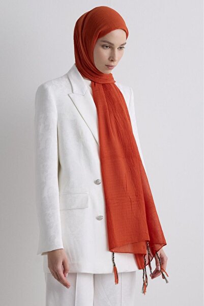 FENZA SCARF Brice Red-Orange Long Fringe Tassles Cotton Shawl