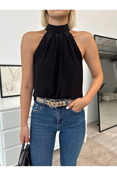 ladyzey bluză neagră pentru femei, cu guler halter, cu nasturi pe spate, cu m...