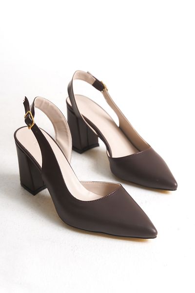 Shoesers Дамски тъмнокафяви кожени асиметрични обувки с каишки и заострени върхове на дебел ток
