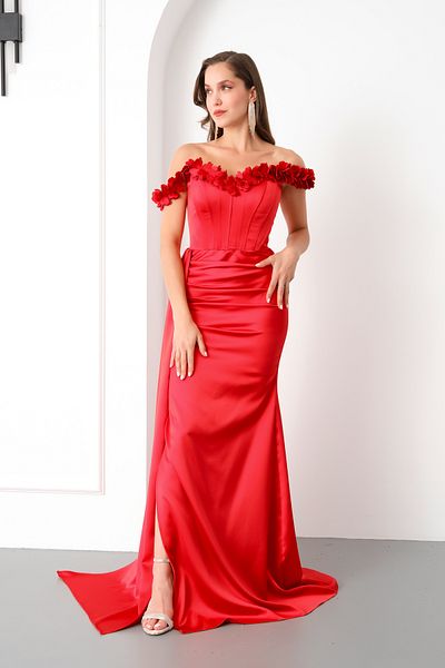 Lafaba Women's Red Collar Floral Long Satin Evening Dress