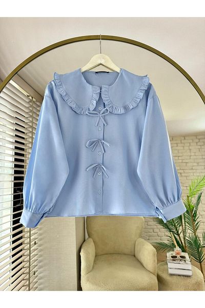 Nergis Neva Butik Poplin Fabric Collar Detailed Bow Skirt Top Shirt