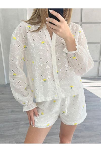 Coral Floral Embroidered Laser Shirt Shorts Set Ecru