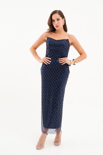 Lafaba Women's Navy Blue Strapless Sequined Pencil Evening Dress