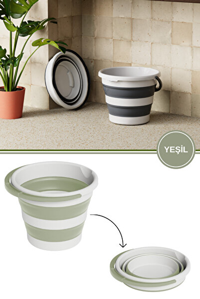 12den Katlanır Bebek Banyo Su Kovası, Saplı Oluklu Akordiyon Çok Amaçlı Kova Sepet 10 lt Yeşil