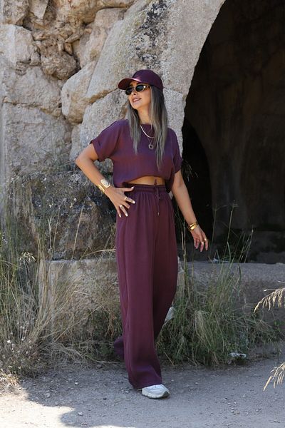 bytugcekaya Burgundy Short Sleeve Blouse Trousers Set
