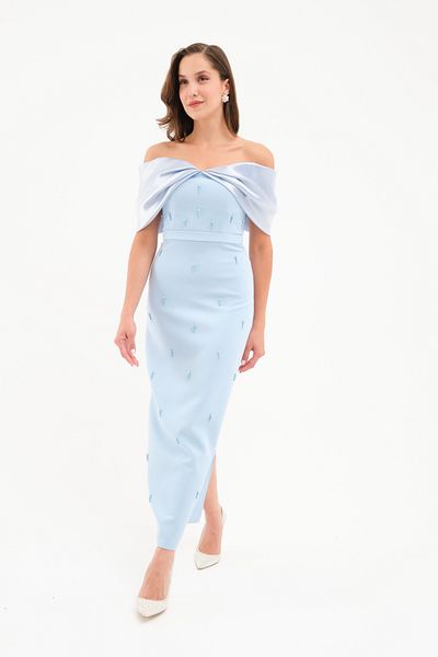 OFZE Γυναικείο Baby Blue Boat Neck Pearl Promise Αρραβωνιαστικό Νυφικό Βραδινό Φόρεμα