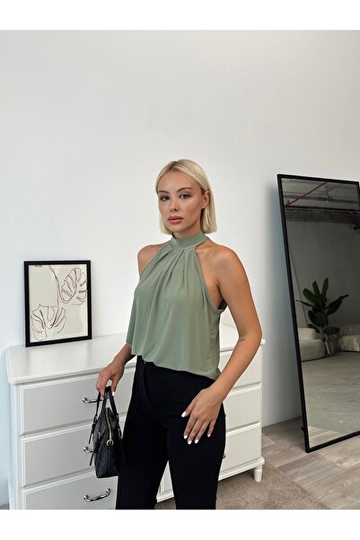 ladyzey γυναικεία παντρική πράσινη μπλούζα με γιακά με κουμπί με μηδενικό μανίκι από ύφασμα σαντί