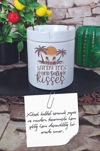 giftkonsept Sandy Topes and Salty Kisses Summer Themed Printed Ceramic Lid Odorless Ashtray