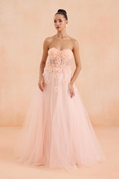 Carmen Pudra Straplez Çiçekli Nişanlık