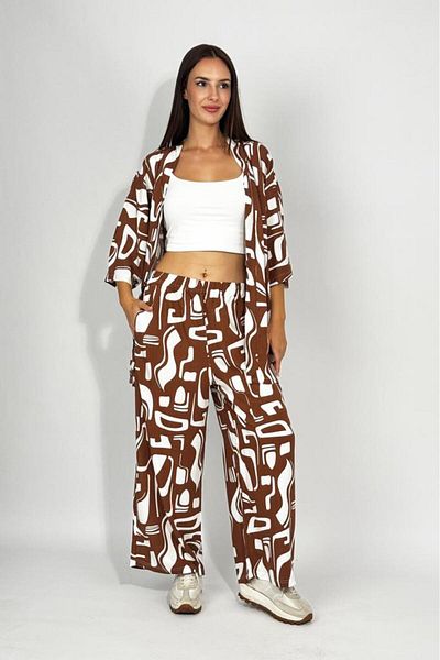 Betimoda Woven Viscose Relaxed Cut Kimono Bottom Long Suit Coffee