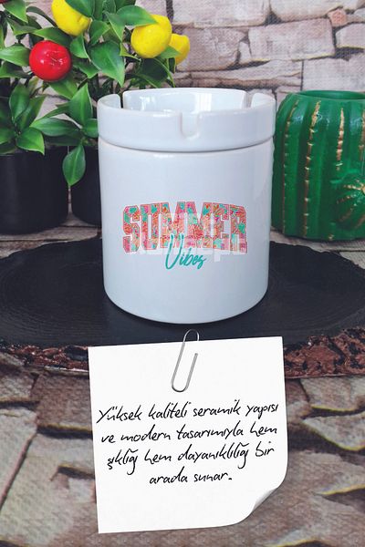 giftkonsept Summer Vibes Turquoise Summer Themed Summer Themed Printed Ceramic Lid Odorless Ashtray